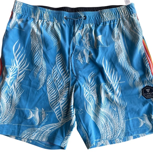 VISSLA Blue and White Feather Print Board Shorts